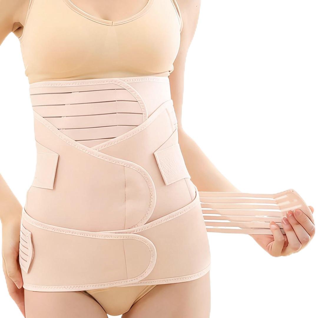 Cmipeob 3 In 1 Postpartum Belly Band Abdominal Binder Post Surgery C Section Belly Binder Post Partum Hysterectomy Belly Support Wraps Postpartum Waist Trainer Essentials After Birth Beige, XXX-Large