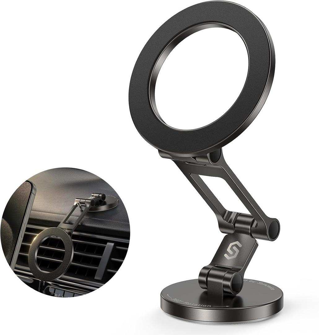 Syncwire Fits MagSafe Car Mount for Car Dash&Tesla Screen[All-Metal] Magnetic Phone Holder, [Flexible Three-axis]360 Rotation Car Mount Strong Magnets Car Phone Holder for iPhone 16 15 14 13 Pro Max (Titanium Black)