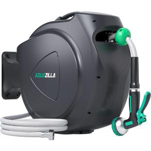 Retractable Garden Hose Reel, 65FT +6FT 5/8" Durable Wall Mounted Water Hose Reel with 180 Swivel Bracket, 9 Pattern Sprayer, 6Ft leader hose,Smooth Automatic Rewind, Any Length Lock.
