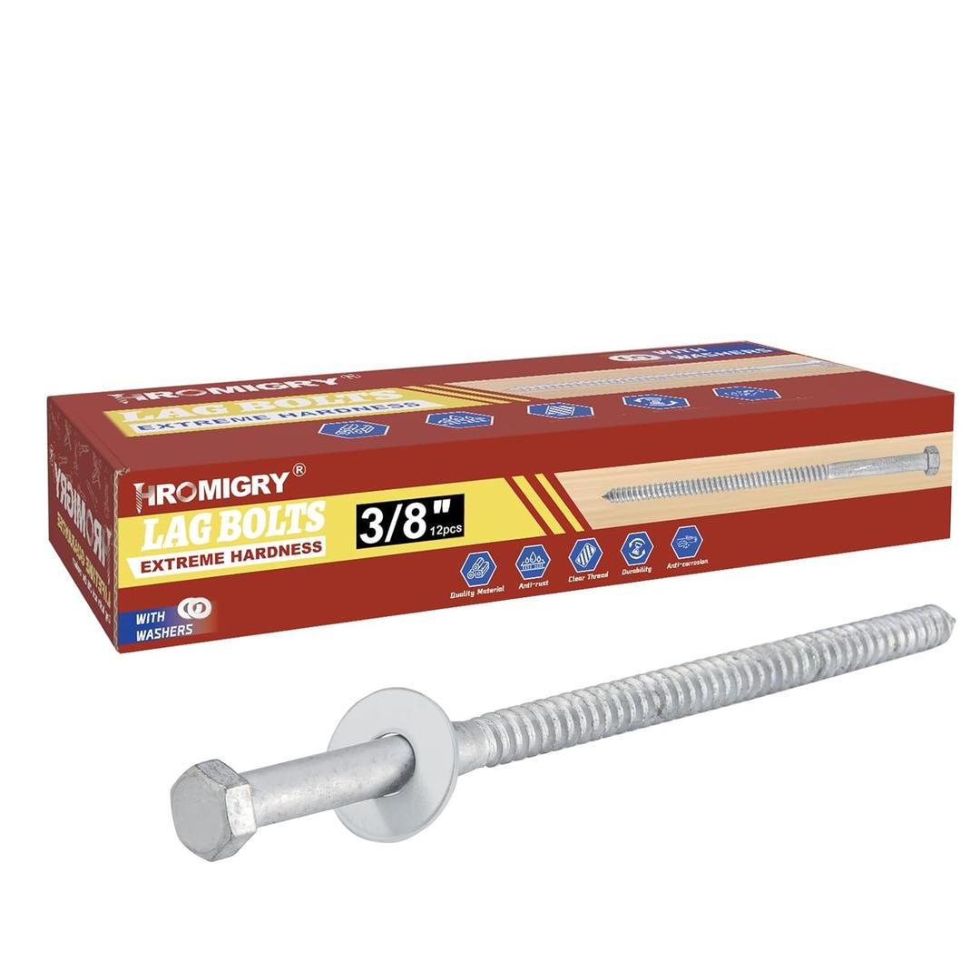 3/8" x 8" Lag Bolts (12 Pcs) Lag Screws for Wood, Hot Dip Galvanized, Hex Head with Washers
