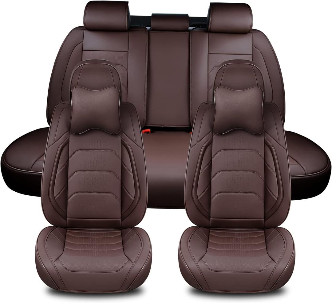Brown Car Seat Covers Full Set, Breathable Leather Automotive Front and Rear Seat Covers & Headrest for Reduce The Driving Fatigue, Compatible with Most Vehicles, Cars