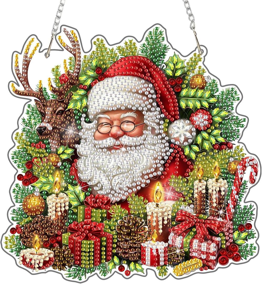 DOMROM Christmas Santa Claus Diamond Art Hanging Kits, Winter Holiday Reindeer Diamond Painting, Special Shaped Gem Art Suncatchers Ornament, Christmas Santa Decor for Home Window Wall