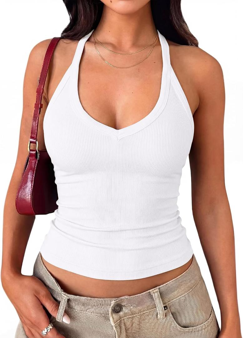 Darong Women's V Neck Tank Tops with Built-in Bra Racerback Basic Summer Camisole Ribbed Slim Fit Sleeveless Shirts, XS