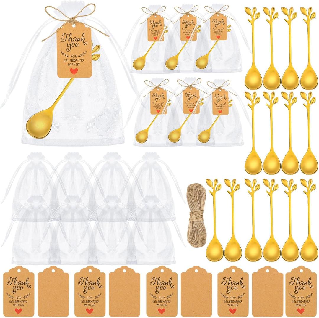 Dandat 50 Sets Tea Spoon Party Favors Gold Tea Spoons Bulk for Guest Include Mini Leaf Dessert Teaspoon Stainless Steel with Thank You Labels Organza Bags for Bridal Shower Party Wedding Souvenir Gift
