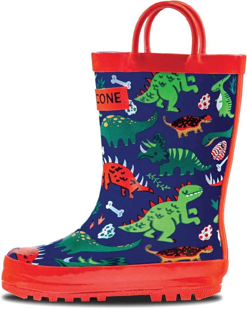 Lone Cone Kids Rain Boots for Girls & Boys  Waterproof Natural Rubber Toddler Rain Boots with Non-Slip Outsole & Easy Pull Handles  Solid, Pattern & Glitter Designs (10 Toddler, Puddle-a-saurus Dinosaur)