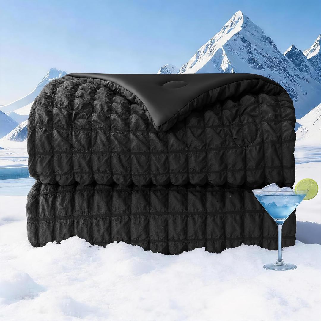 Seersucker Cooling Comforter King Size, Q-Max 0.45 Reversible Cooling Blanket for Hot Sleepers, Breathable Lightweight Silk Smooth Summer Bedding, Quilted Ice Blanket, Black