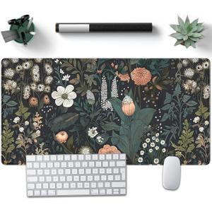 Dark Flower Desk Mat Floral Plants Mouse Pad Boho Aesthetic Wildflowers Large Gaming Mousepad Desk Pad, XXL Keyboard Mouse Mat Full Desktop Mat Women Office Desk Accessories 31.5"x15.7"