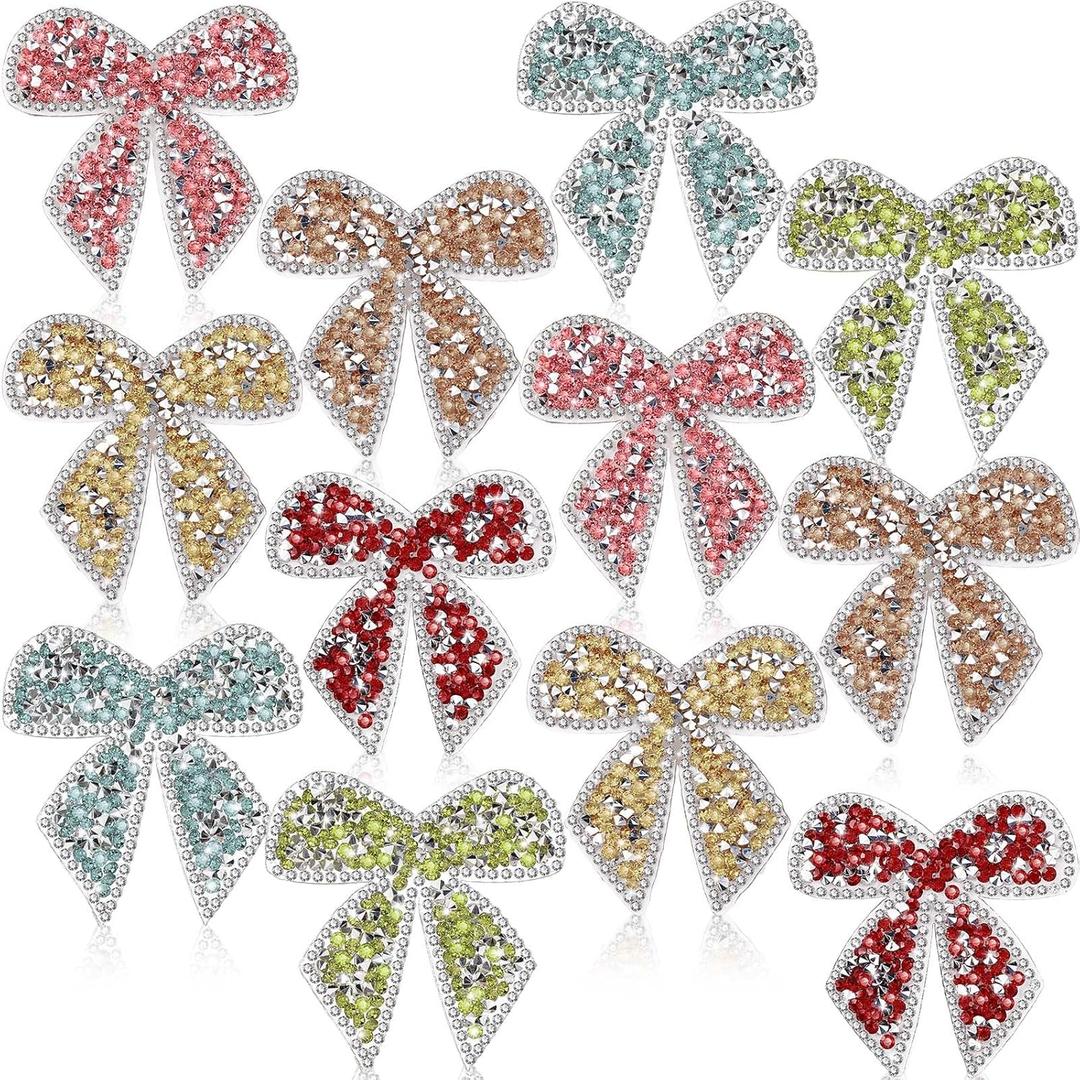 12 Pieces Bow Knot Rhinestone Patches Sparkling Crystal Appliques Iron Sew on for Jeans Jackets Bags Backpacks Hats Shoes Clothes Decorations Crafts(Mixed Colors)
