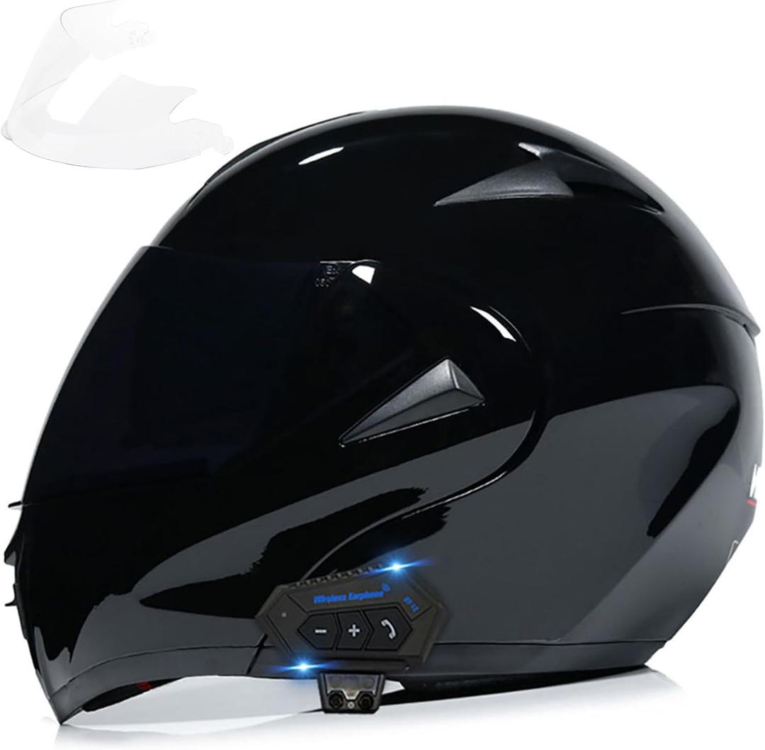 Motorcycle Bluetooth Modular Helmet, DOT Approved Dual Visor Full Face Flip up Bluetooth Integrated Motorcycle Helmets for Adults Men Women (X-Large, Gloss Black)