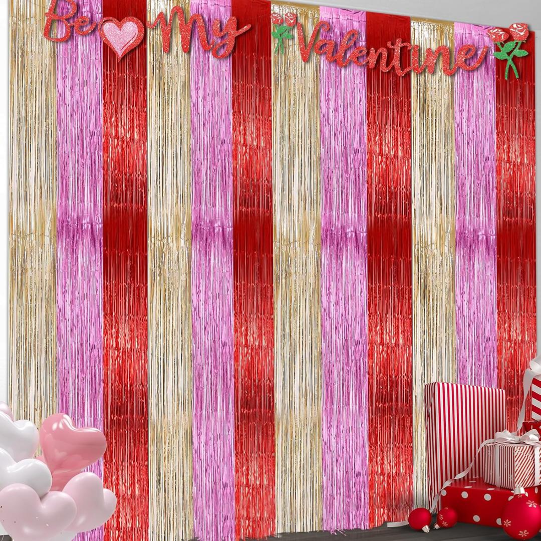 2 x 2 Pack 3.2ft x 9.8ft Valentine's Day Metallic Foil Fringe Curtain, Red Purple Rose Gold Tinsel Curtains Streamers Party Photo Booth Props Backdrop for Anniversary, Engagement, Romantic Love Decoration