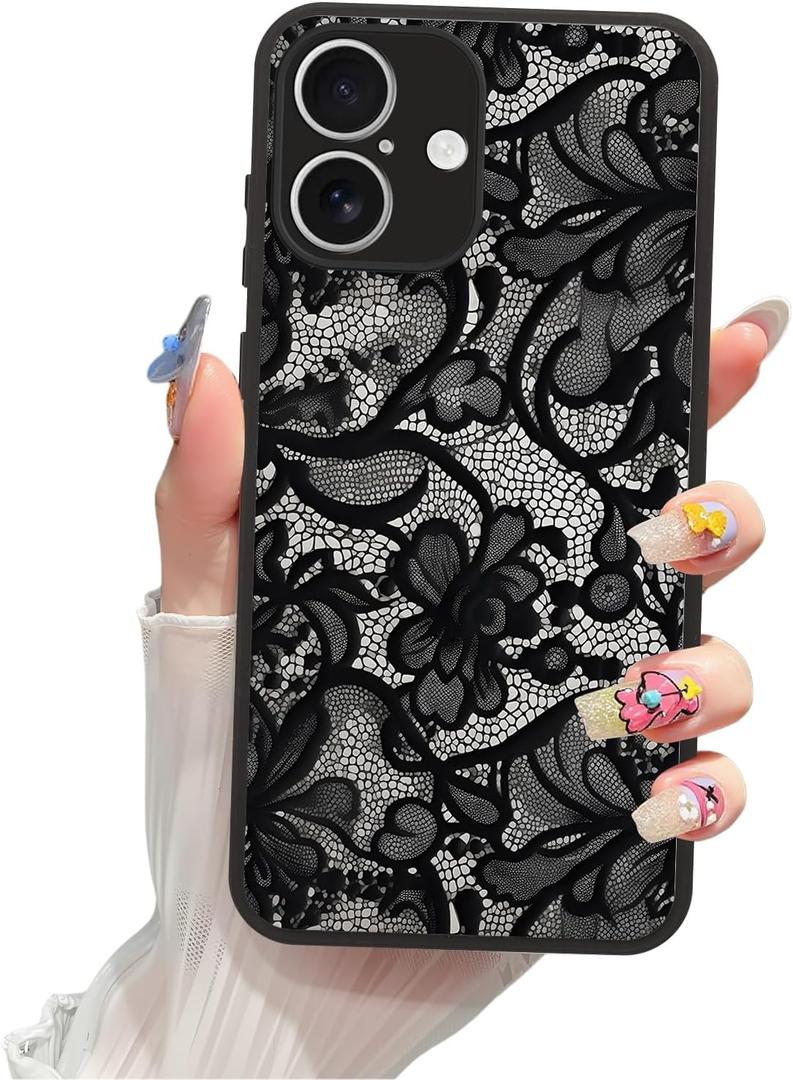 Magnetic Phone case for iPhone 17 6.3 Inch, Grade Protection & Wireless Charging - Aesthetic Lace Flower Pattern Phone Cover for Girls Women -Black Vintage Lace