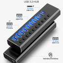 10-Port Powered USB Hub 3.2 10Gbps USB-A 3.2 + 2 USB-C 3.2 + 7 USB 3.0 Ports with Individual Switches & 12V Adapter for Laptop, MacBook, PC, Gaming