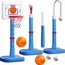 ShyLizard 3 in 1 Kids Basketball Hoop and T Ball Set, Adjustable Height Toddler Basketball Hoop, Hanging Tee Baseball, Indoor Outdoor Sports Toys Gifts for Toddlers Boys Girls Ages 3 4 5 Years, Blue