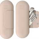 Silicone Makeup Brush Holder Travel Cosmetic Bag,Travel Make up Brush Holder,Anti-Fall Out Magnetic Closure,Essentials for Women (Khaki)