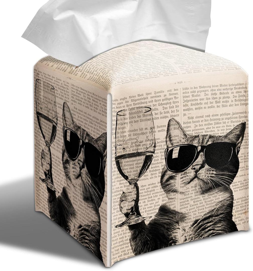 Funny Cat Tissue Box Cover, Coffee Station Wine Bar Decor, Black and White Cat Cube Case Organizer Facial Tissues for Bathroom Tabletop Kitchen Office Decorative, 5.2" PU Leather.