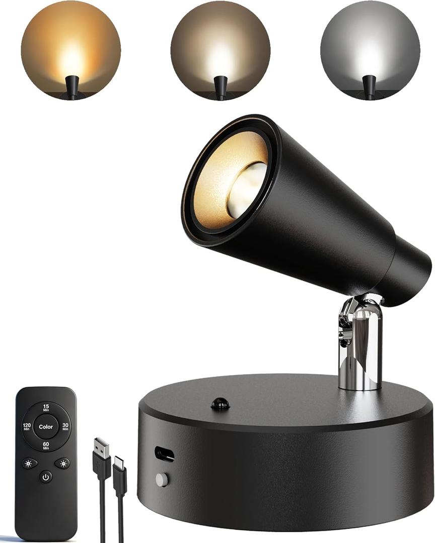 LYTARA LED Spotlights Indoor, 5000mAh Rechargeable Picture Lights, Dimmable&Timer, 3CCT, Cordless LED Uplights with Remote, Max 150LM, Accent Lighting for Artwork Plants Painting (Black, 1 Pcs)