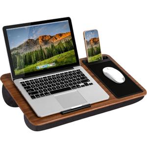LAPGEAR Home Office Lap Desk with Device Ledge, Mouse Pad, and Phone Holder - Espresso Woodgrain - Fits up to 15.6 Inch Laptops - Style No. 91575
