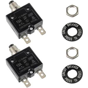HUWREW 15 Amp Push Button Circuit Breaker 125-250V AC 50V DC L1 Series Manual Reset Thermal Circuit Breaker 15A Thermal Overload Protector (Pack of 2)