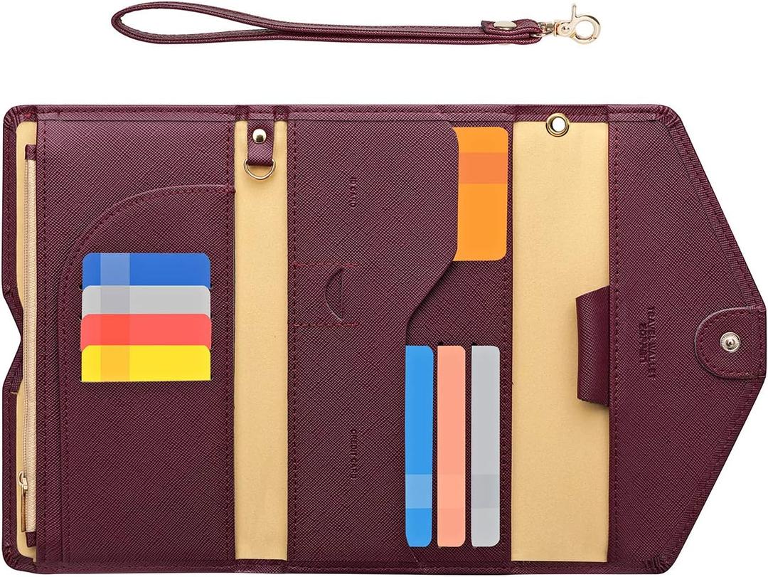 ZOPPEN Passport Holder Women Travel Wallet (Ver.5) for Women Rfid Blocking Passport Cover Case Document Organizer Wrist Strap (#1 wine red Ver.5)