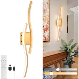 Battery Operated Wall Sconces, Rechargeable Wall Sconces, 3000K-6500K LED Wireless Wall Light, Modern Wall Lamp not Hardwired for Living Room Bedroom Hallway, 31.5in-Gold