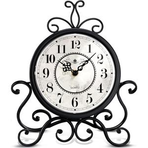 Vintage Table Clock on Stand - Desk Mantel Clock for Living Room Bedroom Decor, Silent Rustic Shelf Clock with Metal Frame Fireplace Clock Battery Operated for Office Desktop Home Decor