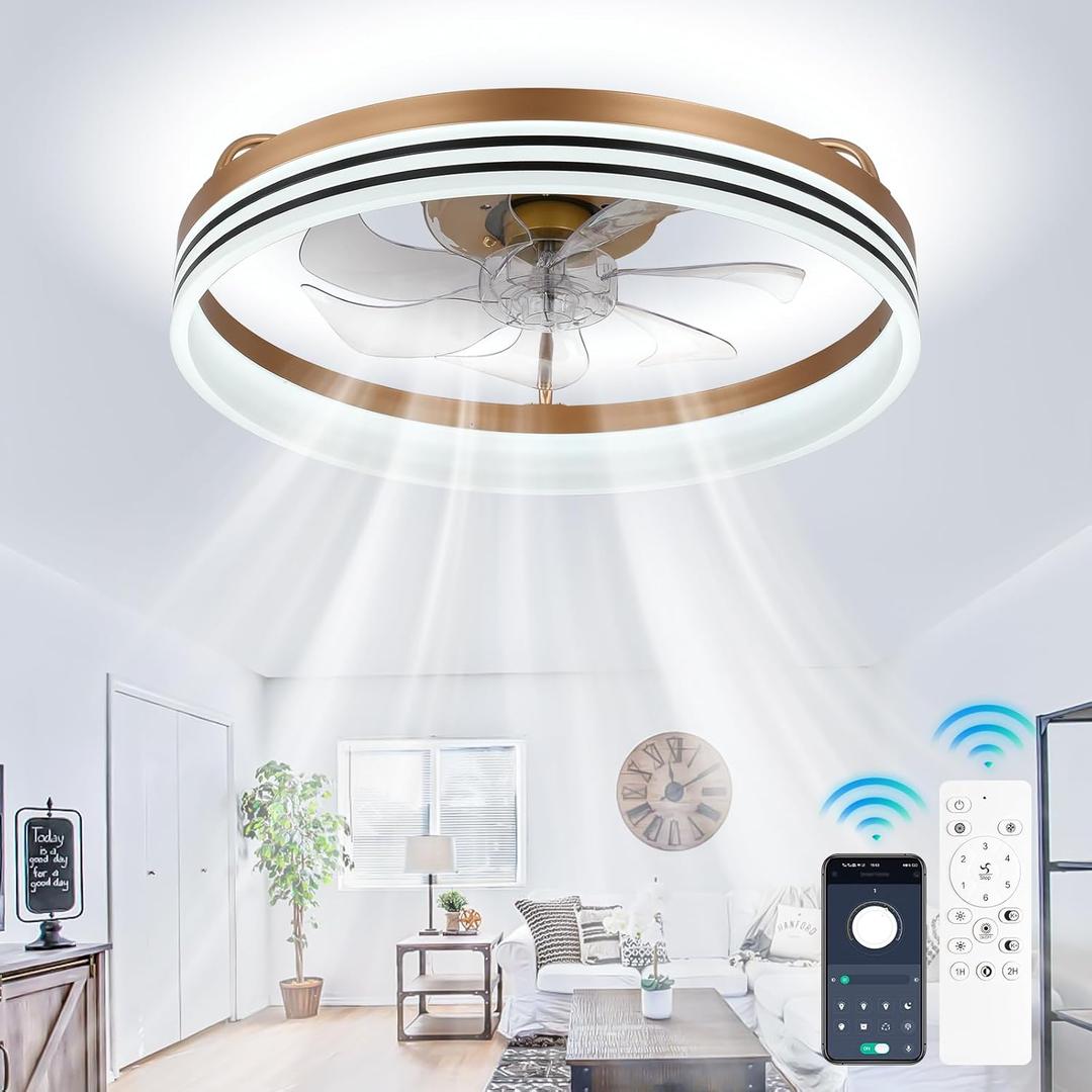 Ceiling Fans with Lights and Remote 20" Dimmable Fandelier LED Fan Light Modern Ceiling Fan, Low Profile Flush Mount Ceiling Fan Lights for Bedroom Kitchen and Living Room (Gold)