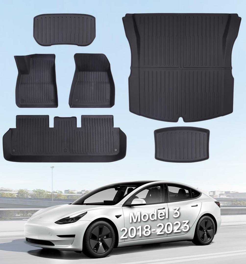 Floor Mats for Tesla Model 3 2023-2018 - Full Set All Weather TPE Front, Rear, Cargo & Sub-Trunk Mats, 6-Piece Custom Fit