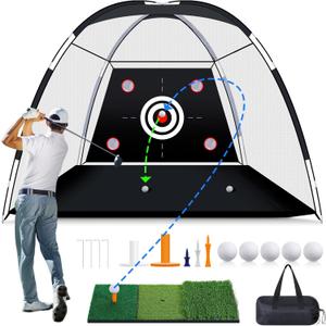 MoKo Golf Net with Practice Mat, 10 x 7 ft Golf Hitting Net for Outdoor Indoor Backyard Driving Chipping Swing Training, All-in-One Multi-Target Training Aid Practice Nets with Tri-Turf Mat (Black)