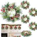6 Pcs Mini Christmas Wreath for Cabinets Kitchen, 9 Inch Small Christmas Wreaths with Cypress Snowy Pinecone & Pine Branche Red Berry Christmas Candle Rings Wreaths for Cabinet Window Wall Table Decor