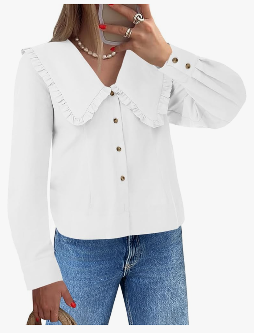 Cicy Bell Womens V Neck Ruffle Shirts Cute Long Sleeve Button Down Tops Casual Work Office Blouses White, 2XL Cicy Bell Womens V Neck Ruffle Shirts Cute Long Sleeve Button Down Tops Casual Work Office Blouses White, 2XL