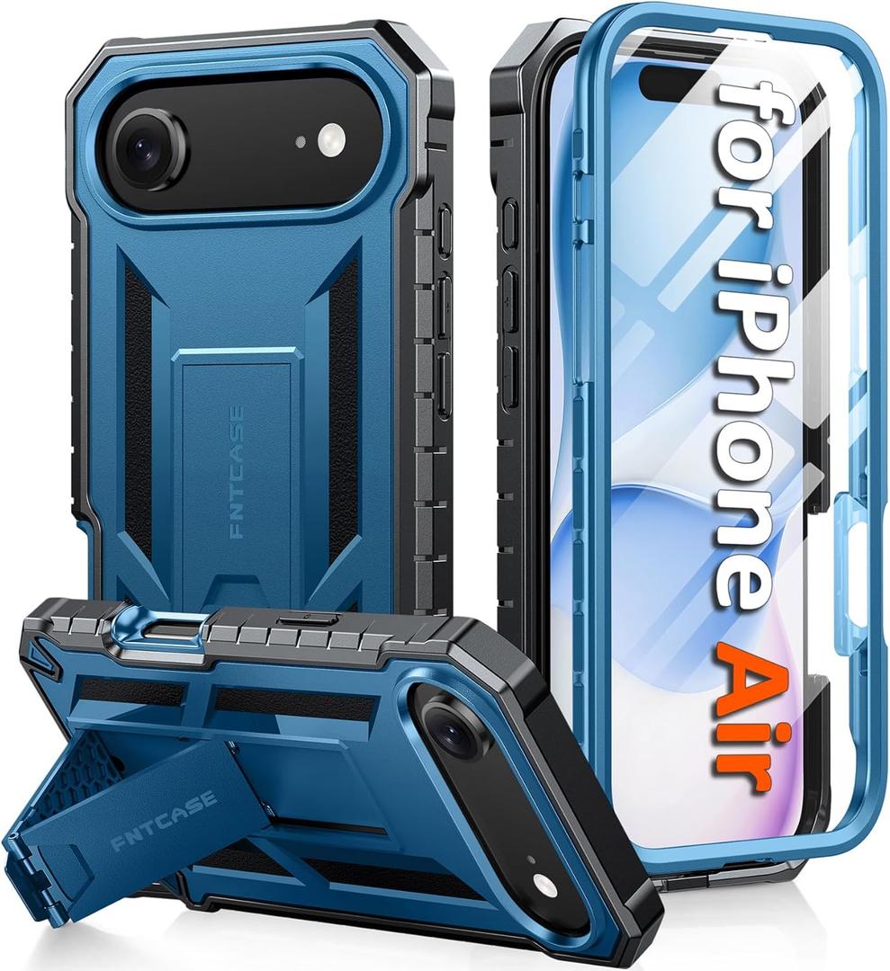 FNTCASE for iPhone Air Phone Case: Military Grade Drop Proof Protection Mobile Cover with Kickstand | Matte Textured Rugged Shockproof TPU | Protective Sturdy iPhone Air Cases 2025 - Blue