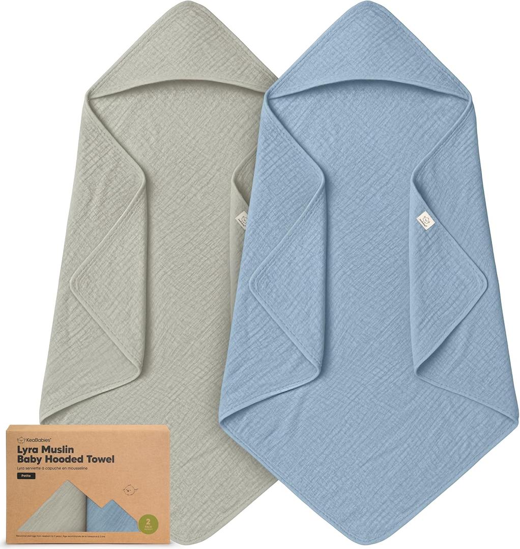 KeaBabies Muslin Hooded Baby Towels for Newborn Girls, Boys  2Pack, 30x30 Organic Cotton Baby Bath Towels Hooded, Soft Absorbent, Toddlers, Kids, Infant, Newborn Bath Essentials (Steel, Petite)