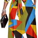 Runwind Women Church Maxi Dresses 3/4 Sleeve Button Down Print Casual Office Dress African (Medium, 002-blue Green)