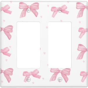 Pink Bow Double Rocker Light Switch Plate Cover 2 Gang Decorative Outlet Plate Electrical Wall Plate Covers Receptacle Decorate Plug Covers For Kitchen Bedroom Bathroom Decor 4.6" X 4.5"