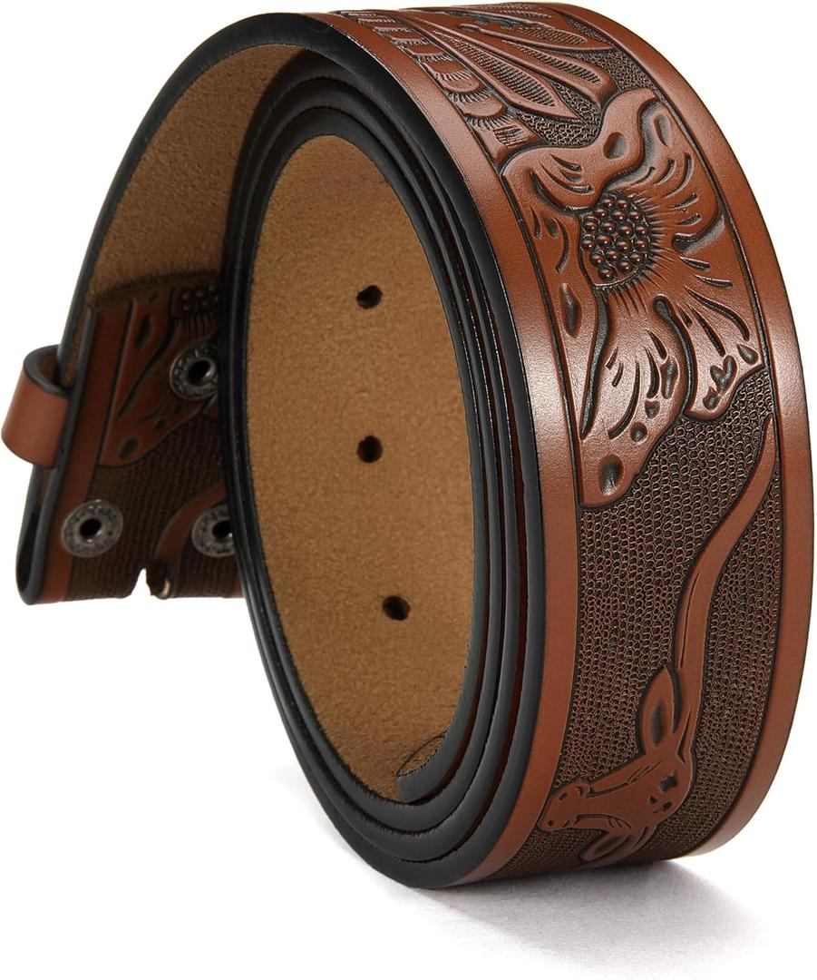 CHAOREN Western Belts for Men without Buckle - Cowboy Belt 1.5" Full Grain Leather Belt for Jeans - One Solid Piece Leather (36-38 (Fits Pants Size 34-36), Cowhide Cognac)