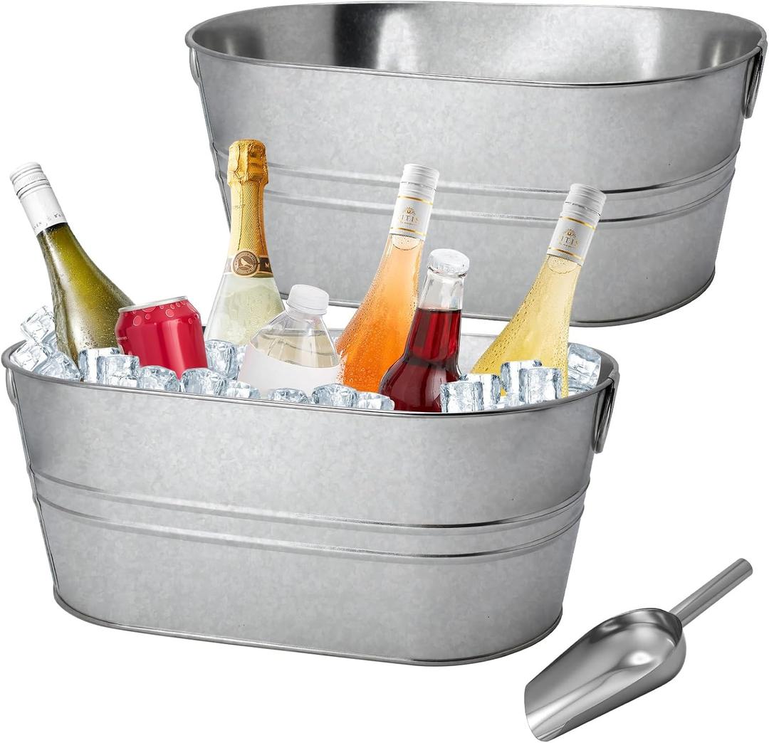 2 Pack 4 Gallon Galvanized Tub Ice Buckets for Parties Portable Beverage Tub with Handles Champagne Bucket Metal Ice Buckets for Cocktail Bar with Ice Scoop