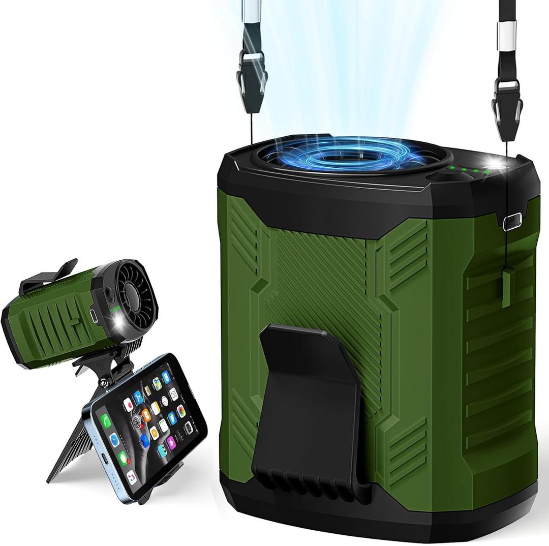 Portable 4-in-1 Waist/Neck/Desk Fan with Phone Stand & LED Light | 10000RPM Ultra-Fast Cooling, 4-Speed Rechargeable Battery | Lightweight for Indoor, Outdoor, Camping, Makeup(Green)
