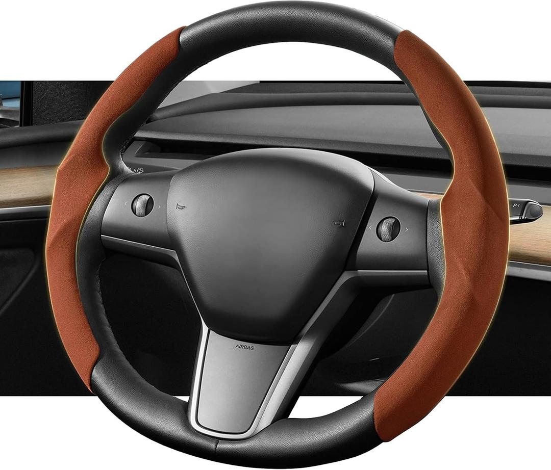 for 2017-2025 Tesla Model Y/Juniper Steering Wheel Cover Decorative,Fit Model 3/Highland Suede Steering Wheel Cover Protection Interior Auto Non Slip Grip Function Accessories(Brown)