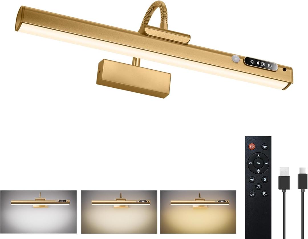 15.7'' Picture Lights for Wall with Motion Sensor, 9000mAh Rechargeable Battery Operated Poster Lights for Paintings, Portraits, Wall Decor, Gold