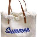 Women Large Beach Canvas Tote Bag Summer Vibes Beach Bag Big Capacity Tassel Handbag