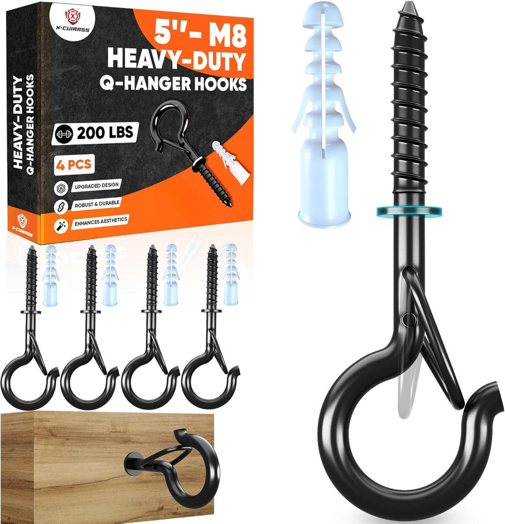 [HIGH-WORKLOAD] 200Lbs 4 Pcs Q-Hanger Hooks M8 with Washer & Safety Buckle, Heavy Duty 5 Windproof Screw Hooks for Hanging Plants, Yoga, Lights, Indoor & Outdoor Uses-Expansion Tubes, Screwdriver