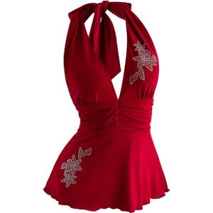 MakeMeChic Women's Summer Y2K Rhinestone Floral Halter Top Flared Hem Tie Back Peplum Tops (L)