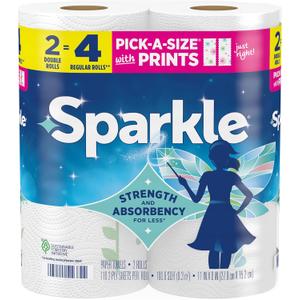 Sparkle Pick-A-Size Paper Towels, Spirited Prints, 2 Double Rolls, Strong 2 Ply Towels for Kitchen Cleanup and Everyday Messes