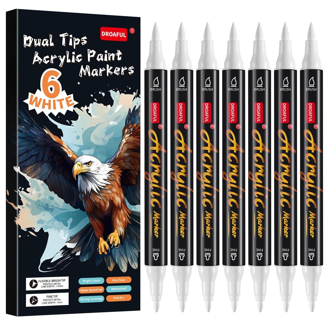 White Acrylic Paint Pens Markers, 6 Pc Dual Tips Waterproof Paint Markers For Rock Painting, Fabric, Metal, Glass, Wood, Canvas, Ceramic, Pumpkins, Eggs, Plastic, Non-Toxic & Odor