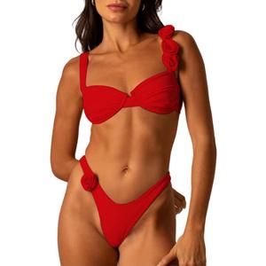 Women's 2 Piece Rose Floral Appliques Bikini Set Elegant Ruched Underwire Swimsuit High Cut Bathing Suit (Red, XS)