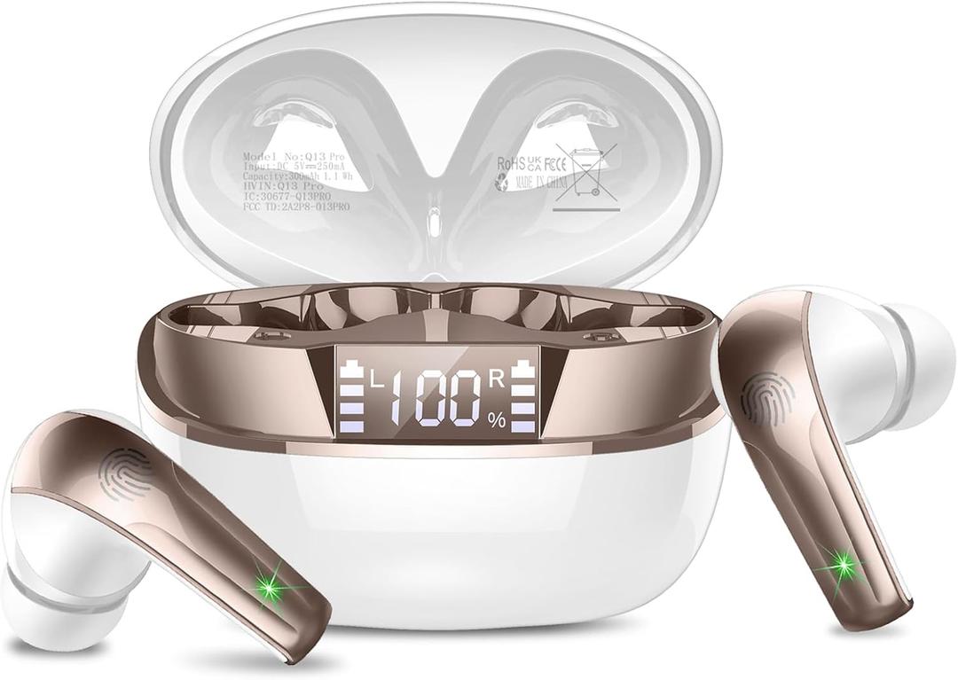 Wireless Earbuds, Bluetooth 5.4 Headphones in Ear, Mini Bluetooth Earbuds HiFi Stereo Deep Bass with 4 ENC Noise Cancelling Mic, Wireless Ear Buds 47H Long Playtime LED IP7 Waterproof USB-C White Gold Wireless Earbuds, Bluetooth 5.4 Headphones in Ear, Mini Bluetooth Earbuds HiFi Stereo Deep Bass with 4 ENC Noise Cancelling Mic, Wireless Ear Buds 47H Long Playtime LED IP7 Waterproof USB-C White Gold