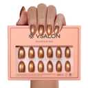 VSALON Press On Nails Short Almond, Brown Cat Eye Sparkle Fake Nails Kit, Reusable Glue on Nails, 32 Pcs Stick On Nails in 16 Size