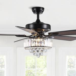 Moooni 52" Luxury Crystal Ceiling Fan with Light Modern Fan with Led Light and 5 Reversible Wood Blades Fan with Chandelier for Bedroom Dining Room Living Room Black