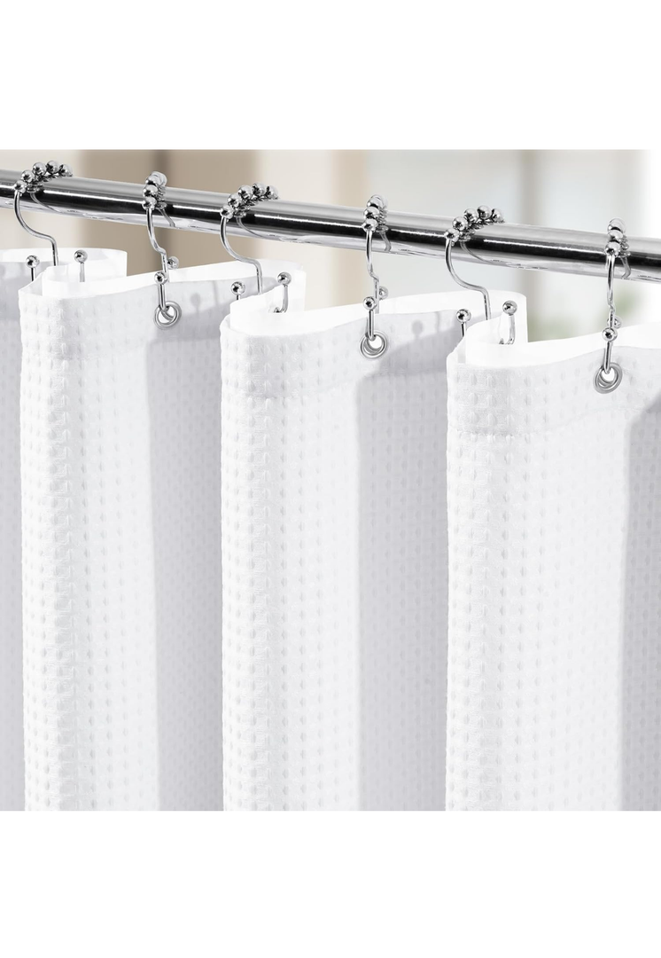 Shower Curtain Set, Waffle Shower Curtain and Liner Set with 12 Double Sided Shower Curtain Hooks, 258GSM Luxury Weighted Cloth Shower Curtains for Bathroom, 72 W x 72 H, White