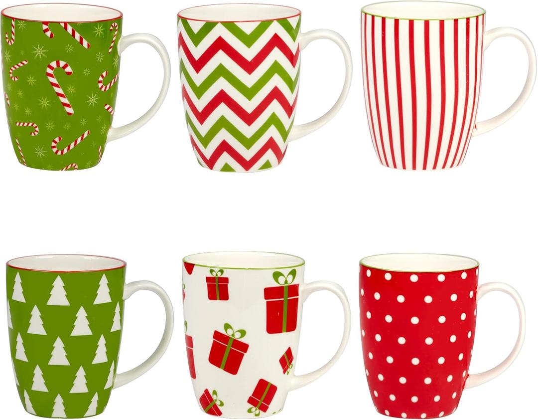 Holiday Fun Porcelain Mugs  Set of 6 Assorted 14 oz Cups with Festive Christmas Designs  Durable Porcelain Coffee or Cocoa Mugs for Holiday Parties, Gifting & Everyday Cheer